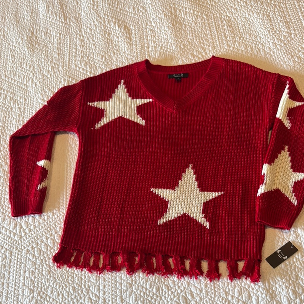 Red and White V-Neck Sweater with Star Pattern